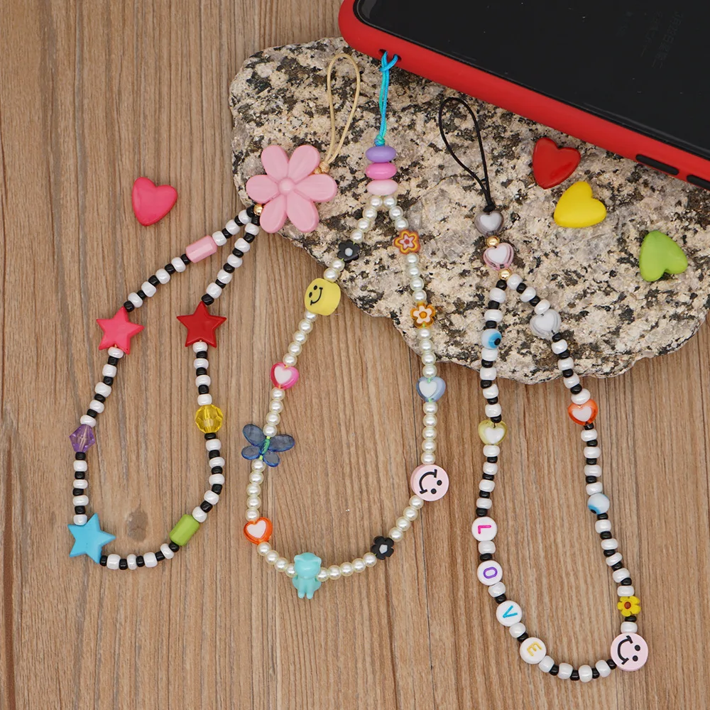 New Wrist Lanyard Chain For Mobile Phone Holder keys ID Card Keychain Cute smile face butterfly Handphone Strap Hanging Rope