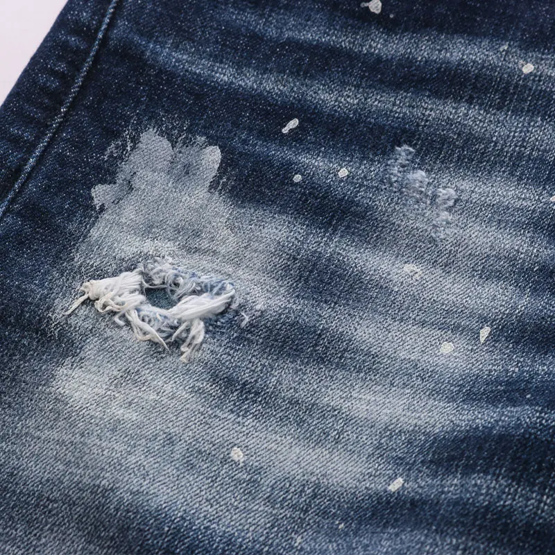 European Street Fashion Men Jeans Retro Dark Blue Distressed Slim Fit Ripped Jeans Men Painted Designer Hip Hop Denim Punk Pants