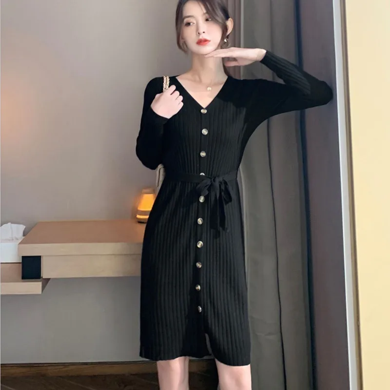 

Chic Button Slim Knit Dresses For Women Sexy V-neck Elegant Vestido De Mujer Fashion Vintage Bodycon Midi Dress Party Robe Femme