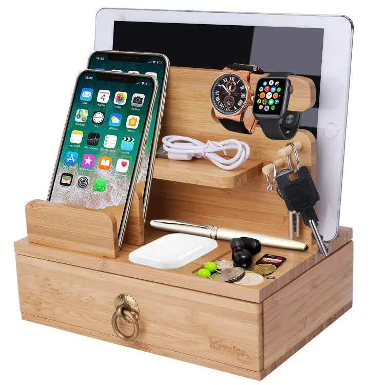

Настольная зарядная док-станция iCozzier, бамбуковый держатель для ключей с выдвижным ящиком для i Watch,AirPods,iPad, планшетов, несколько устройств