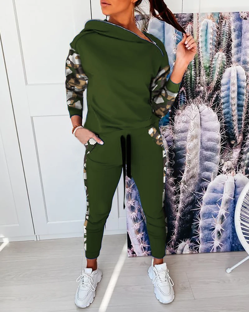 

Женский Модный повседневный комплект из двух предметов, осенняя одежда на молнии, толстовка с капюшоном и буквенным принтом и штаны, компле...