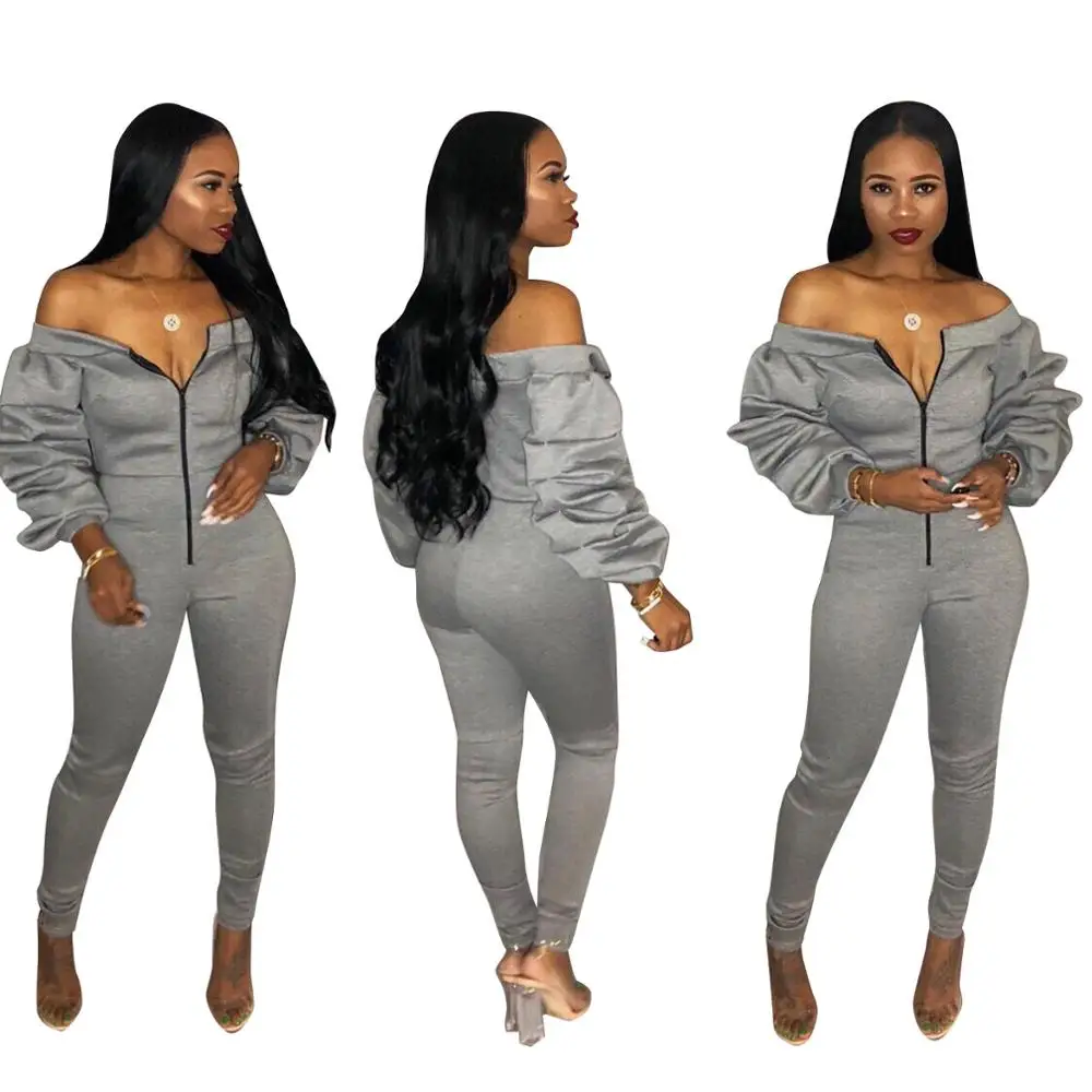 

Autumn Women Casual Jumpsuit Zipper Slash Neck Off Shoulder Long Puff Sleeve Thick Romper Fashion Overalls Jumpsuit