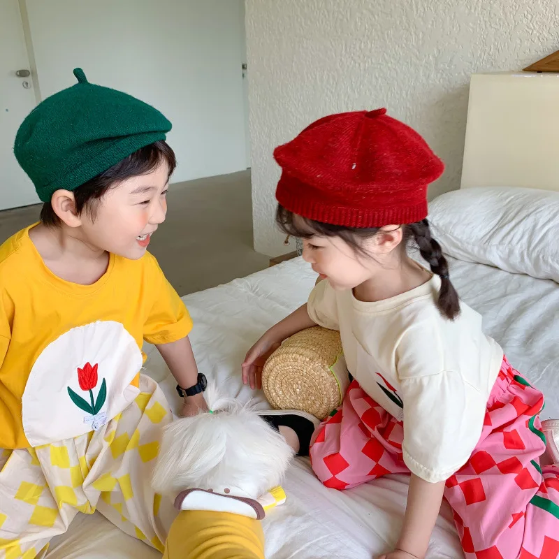 

2021 Summer New Children's Oval Embroidered T-shirt Male Female Korean Tulip Flower Top Tees Baby Girls Flowers T-shirt 2-8 Year