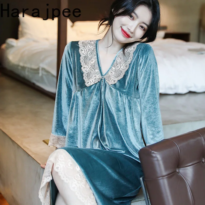 

Женская бархатная ночная рубашка Harajpee с длинными рукавами, осенняя Милая Кружевная французская домашняя одежда в стиле ретро Дворцовой при...