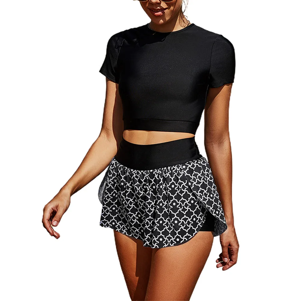 

2pcs Bathing Suit Women Summer Tankini Set Floral Top Shorts Swimsuit Ladies Round Neck Two Piece Beachwear