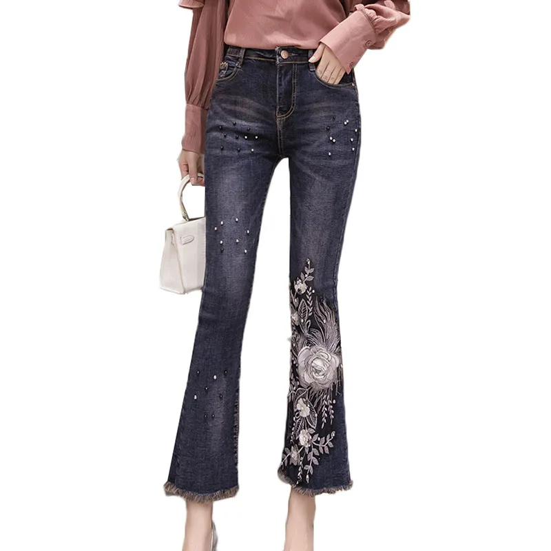 Женские винтажные джинсы с вышивкой эластичные джинсовые брюки бисером узкие