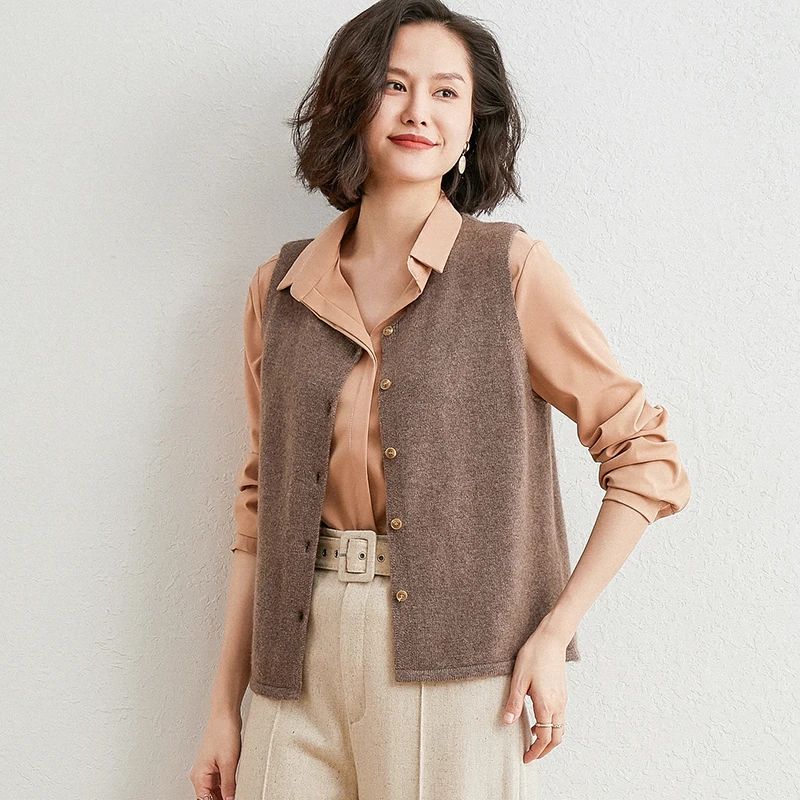 

2020 New Hot Sale Women 100% Pure Cashmere O-Neck Cardigans Vest Sleeveless Sweater Autumn Winter For Female Soft Outwear