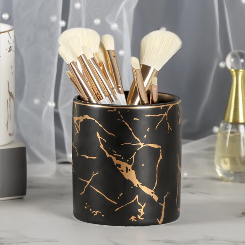 

Marble Pattern Pen Holder Cosmetic Brush Storage Box Makeup Brush Holder Ceramic Jar Home Table Decoration Container