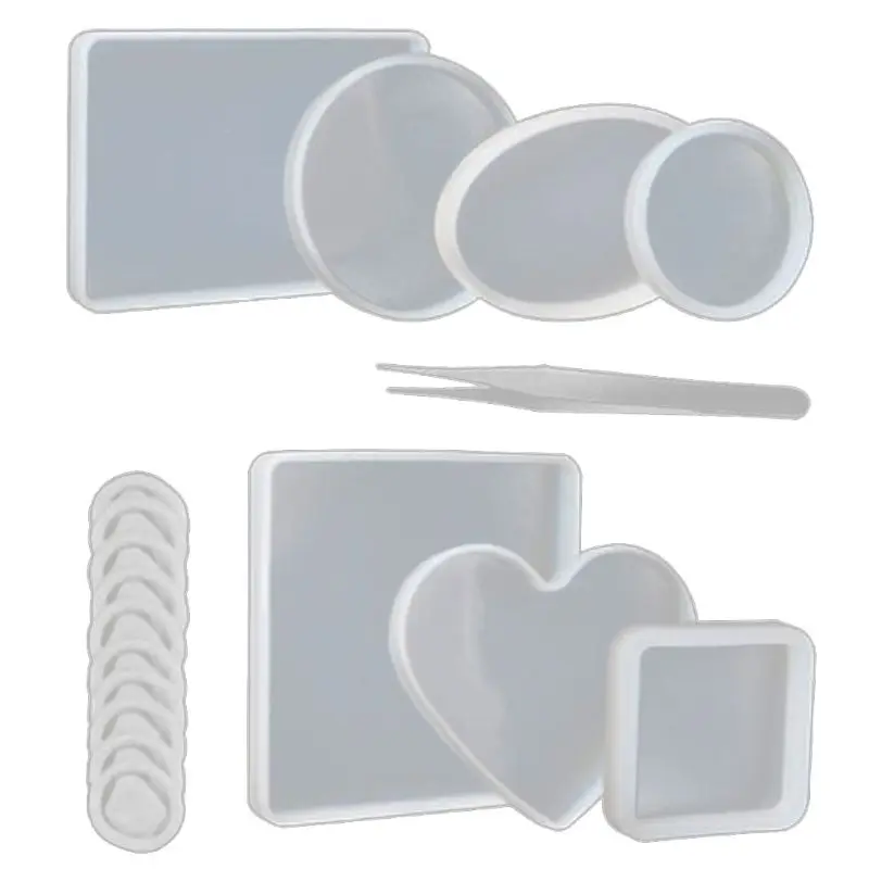 

18Pcs Coaster Silicone Resin Mold Round Square Rectangle Heart Oval Molds Kit 203B