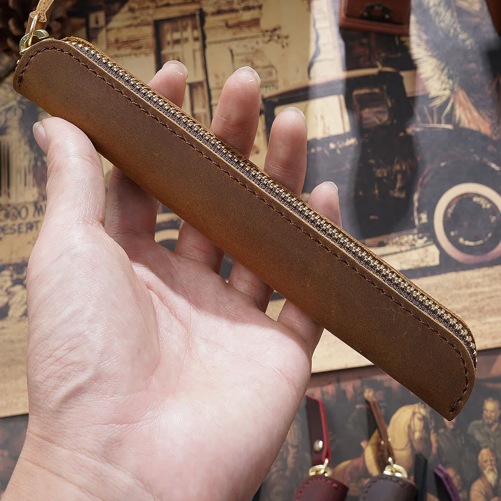 Genuine Leather Zipper Pen Bag Mini Small Pencil Case Apple Electronic Writing Pen Protective Sheath Creative Vintage Style