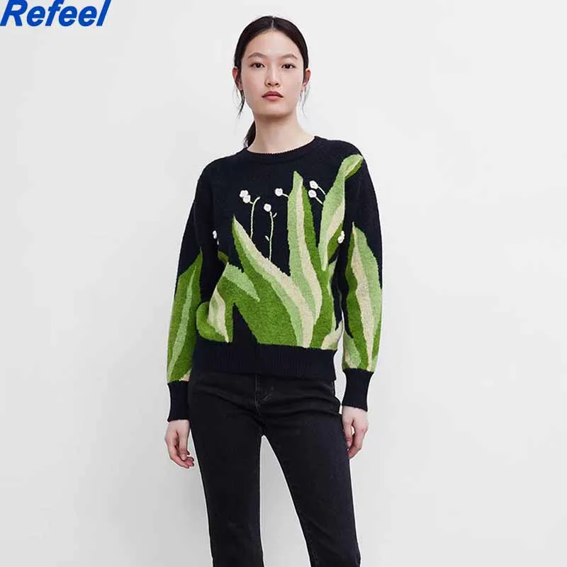 Женский джемпер с длинным рукавом зеленый свитер круглым вырезом и цветочной