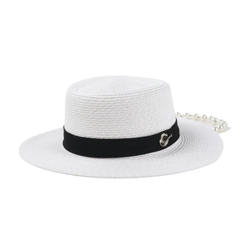 

INS Women Sun Hats Pearl Chain Wide Side Straw Hats Summer Visor Caps Luxury Straw Sun Hats Gorros