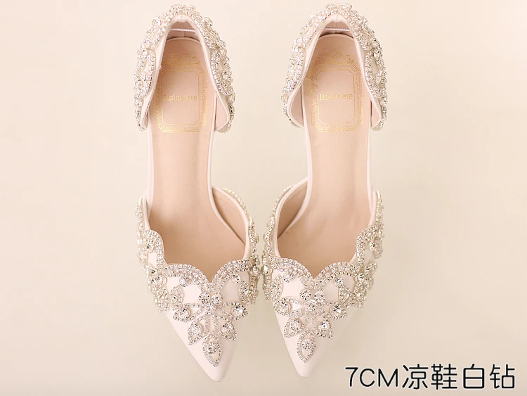

Bridal Shoes 2020 New White Crystal Shoes Crystal Thin Heeled High Heels Wedding Shoes Hollow Pointed Toe Women's Sandals Summer