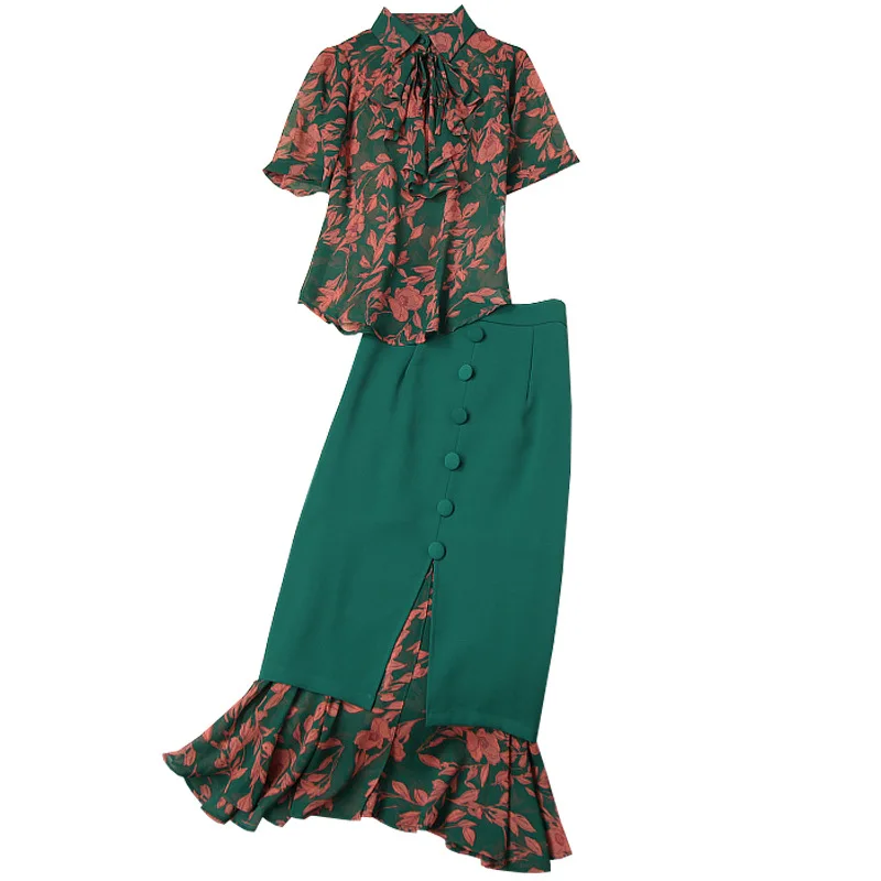 

2020 Runway Spring Summer Mermaid Skirt Suit Women's Bow Short Sleeve Print Blouse + Patchwork Package Hip Skirt Two Piece Set
