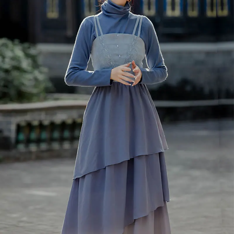 

XITAO Patchwork Minority Dress Women Draped Tide Fashion New Style Square Collar Spaghetti Strap Minority Elegant Button ZY4410