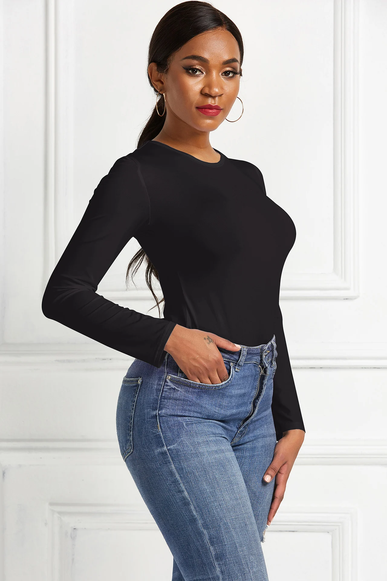 

New Elegant Women Spring Autumn O-Neck Slim Long Sleeve Solid Slim Pullovers Knitted Sexy All-match One Piece Long Sleeve INS