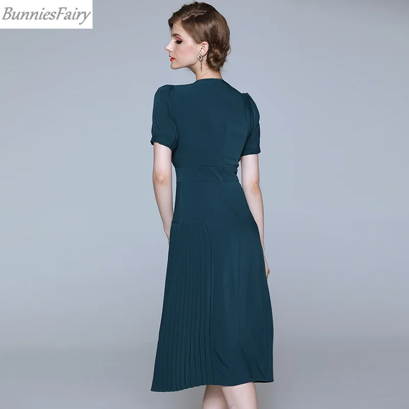 BunniesFairy летнее женское элегантное платье Индиго синего цвета с коротким рукавом, однотонное шифоновое платье средней длины, офисная одежда для женщин