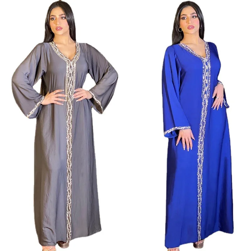 

Middle East Dubai Ladies Satin Long Skirt Turkish Arab Diamond V-neck Long Sleeve Jalabiya Muslim Islamic Ethnic Abaya New Autum