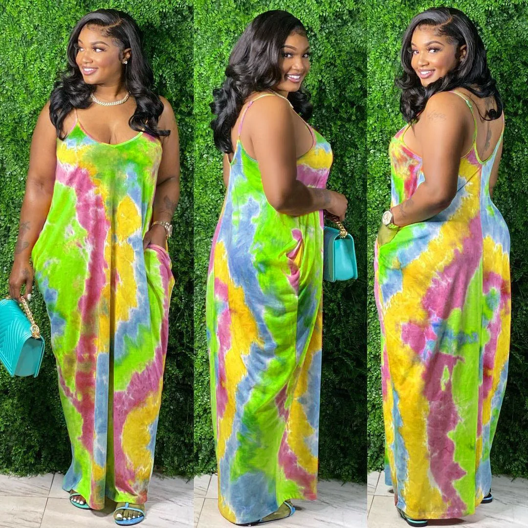 

Женское платье на тонких бретелях, повседневное свободное платье в пол, с принтом тай-дай, V-образным вырезом, лето 2021