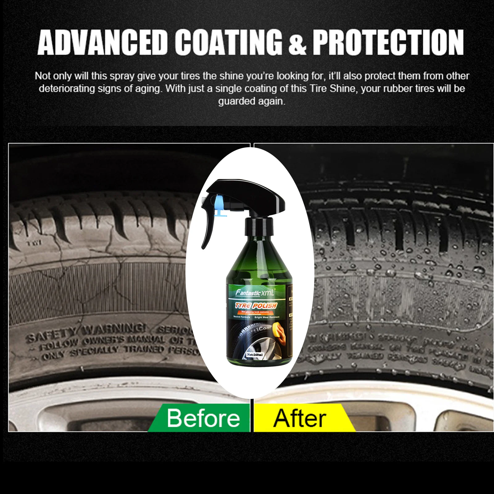 

Car Tire Shine Polish Wax Auto Tire Bright Polishing Spray Wax Coating Care Detailing Brightener Agent 260ml Tire Shiny Polish