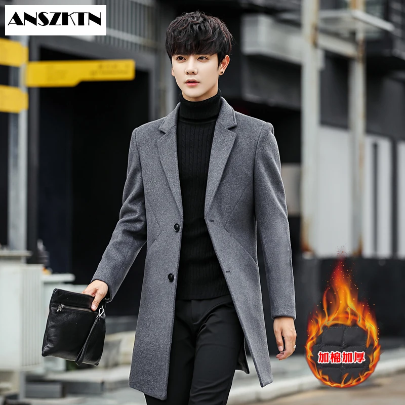 

ANSZKTN Autumn Winter Oversized Woolen Blend Coat Male Long Windbreaker Jacket Cotton Thick Warm Men Gray Jacket Mens Overcoat