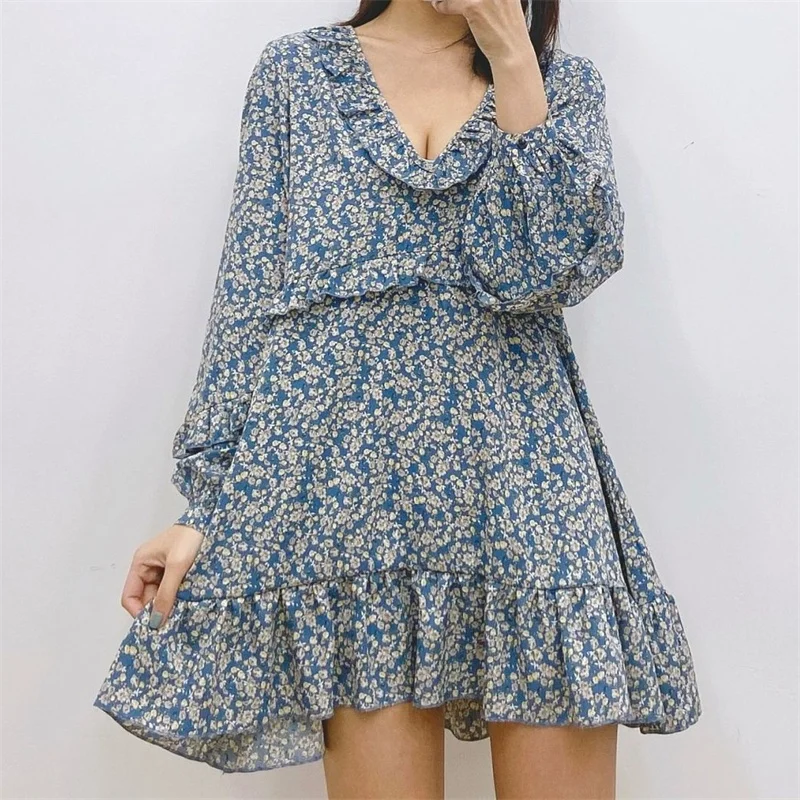 

Women 2021 Fashion Elegant Print Loose Pleated Knee Dress Vintage V Neck Long Sleeve Female Dresses Vestidos Mujer