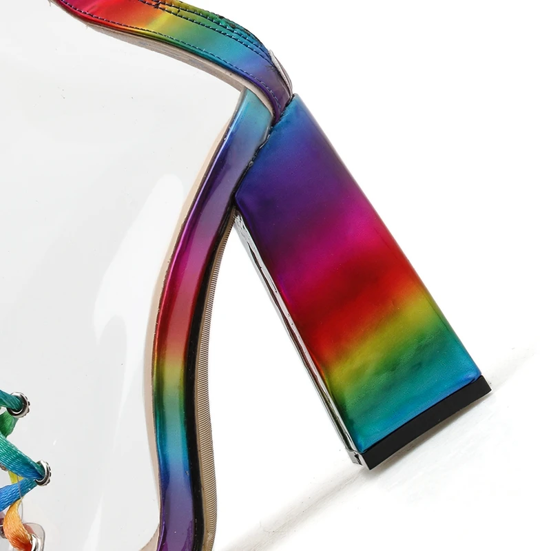 Ботильоны женские прозрачные радужные на шнуровке ботинки с открытым носком