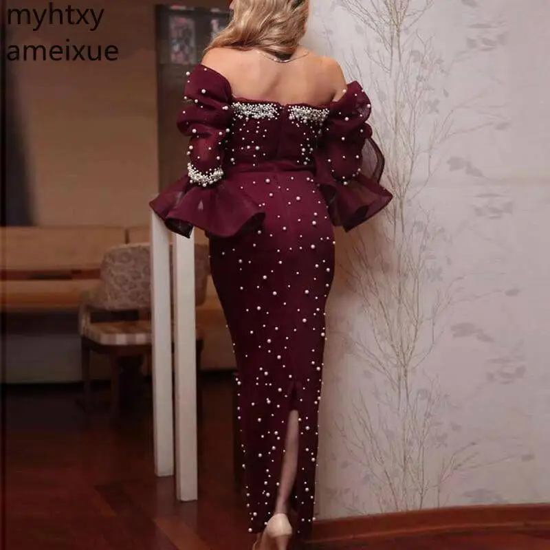 2020 New Off The Shoulder Kaftan Arabic Big Red Sexy Plus Size Evening Dresses Pearls Beaded Long Sleeve Formal Dress Party Gown