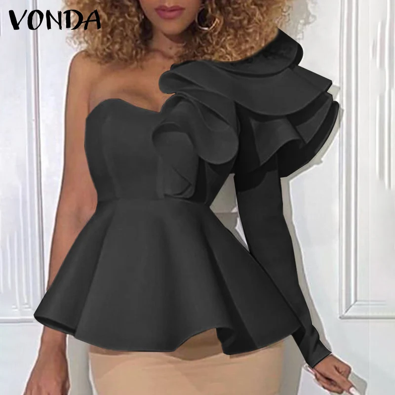 

Модные женские Топы VONDA 2021, повседневные Однотонные блузки с оборками, женские блузы для вечеринки, пикантные рубашки на одно плечо с длинны...