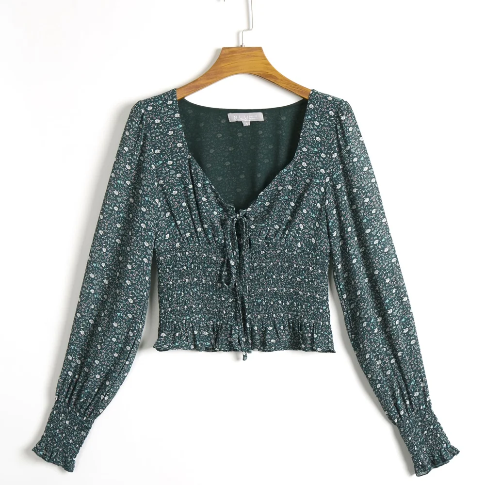 

Sexy Tie Cross Top Long Sleeve Boho Blouse Floral Print Shirt V Neck Sexy Bodycon Blusas Shirt Top