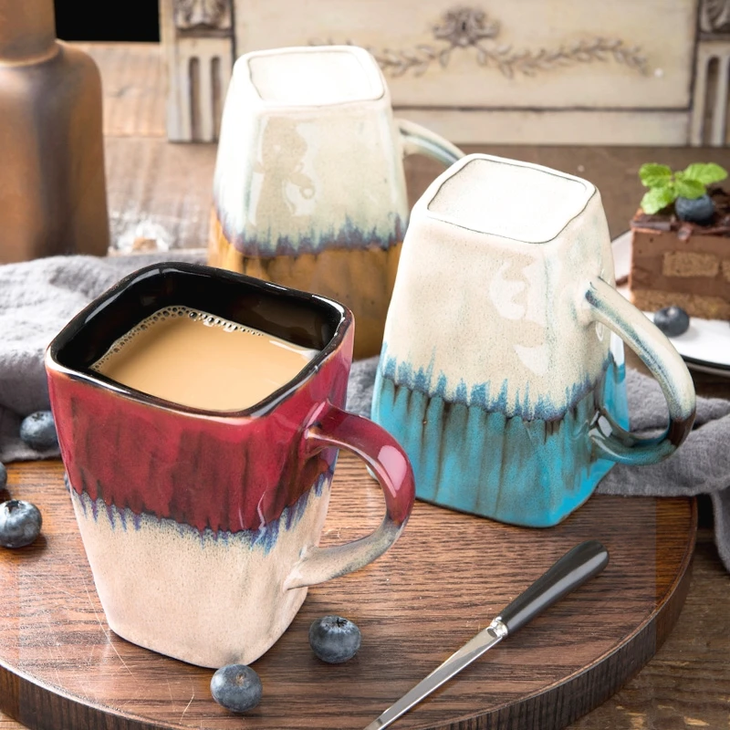 

High-capacity 420ml Chinese Retro Style Color Glaze Square Ceramic Mug Porcelain Coffee Mugs Creative Tea Cup