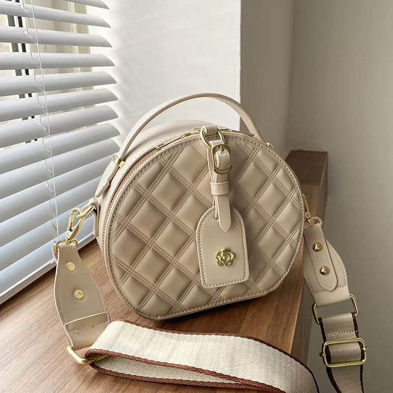 

Ladies high quality classic design rhombus round cake bag new style wide shoulder strap small round bag fashion brand handbag