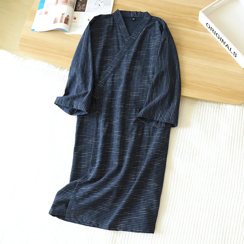 

Men Robe Kimono Bathrobe Pajama V-Neck Three-Quarter Sleeve Summer Cotton Stripe Yukata Male Japanese Style Sleepwear
