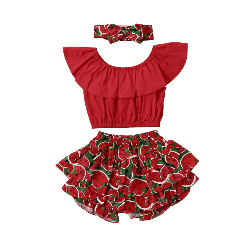 

Infant Baby Girls Ruffle Top + Watermelon Shorts + Headband Pants Summer Clothes Set 1-6T