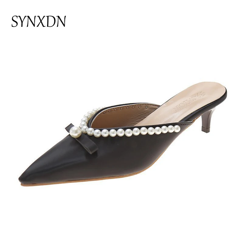 

Мюли женские на тонком каблуке, летние тапочки, туфли-лодочки, инкрустированные жемчугом, с узлом-бабочкой, женские сандалии для офиса Girl, сл...