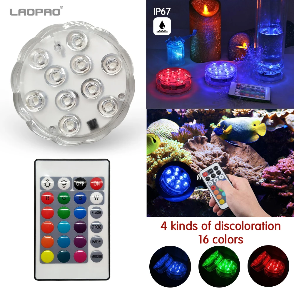 10 Led RGB погружной светильник с дистанционным управлением, на батарейках, подводный Ночной светильник, напольная ваза, чаша, садовые вечерние украшения