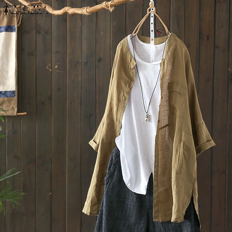 

Womens Shirts 2021Vintage Cotton Tunic Casual Long Sleeve Shirt Button Cardigans Female Soid Patchwork Tops Plus Size