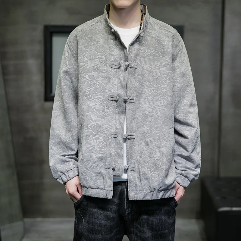 Куртка мужская оверсайз однотонная с драконом жаккардовая