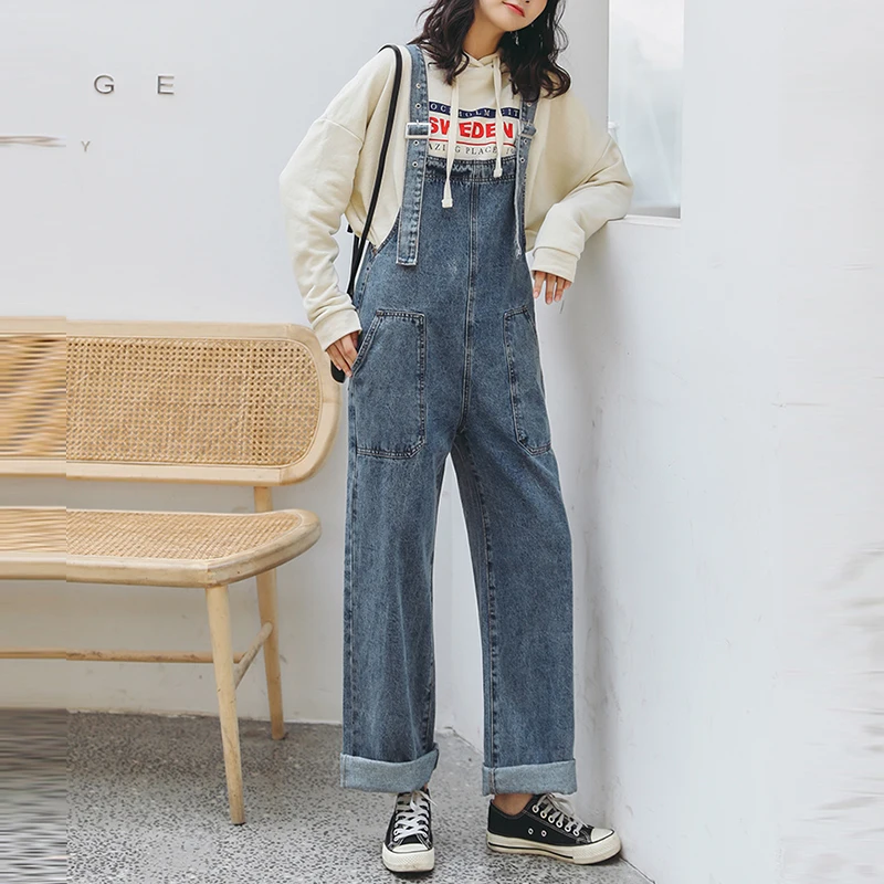 Женские джинсовые брюки с широкими штанинами синие свободные комбинезоны на