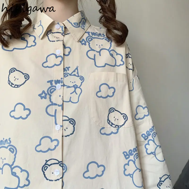 

Hikigawa 2021 Women Shirt Japan Kawaii Student Shirts Loose Long Sleeve Camisas Mujer Cartoon Print Harajuku Tops Fashion Blusas