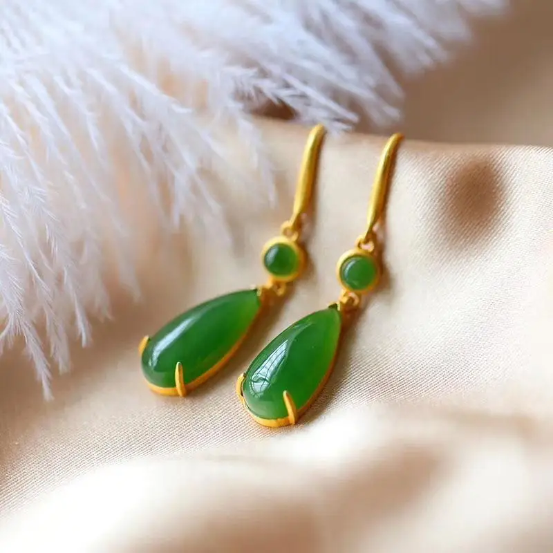 

New S925 Sterling Silver Inlaid Hetian Jade White Jade Earrings Classic Ear Hook Simple Fashion Valentine's Day Gift