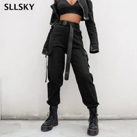 sllsky streetwear cargo pants women casual joggers black high waist loose female trousers korean style ladies pants capri