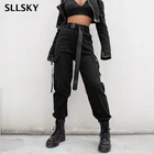 Брюки-карго SLLSKY женские, уличная одежда, повседневные джоггеры с завышенной талией, свободные штаны, стильные брюки-Капри в Корейском стиле, черные