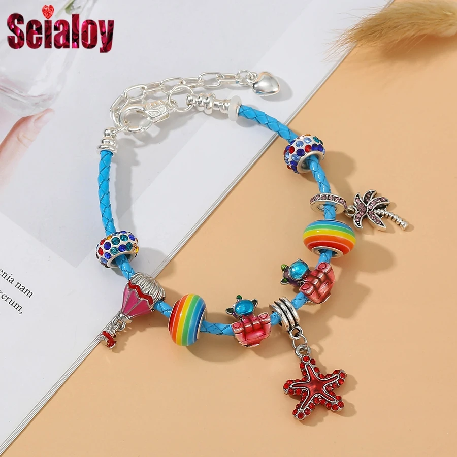 Seialoy Summer Sailing Red Starfish Charm Leather Bracelets For Boys Girls Wings Unicorn Hot Air Balloon Charm Children Bracelet