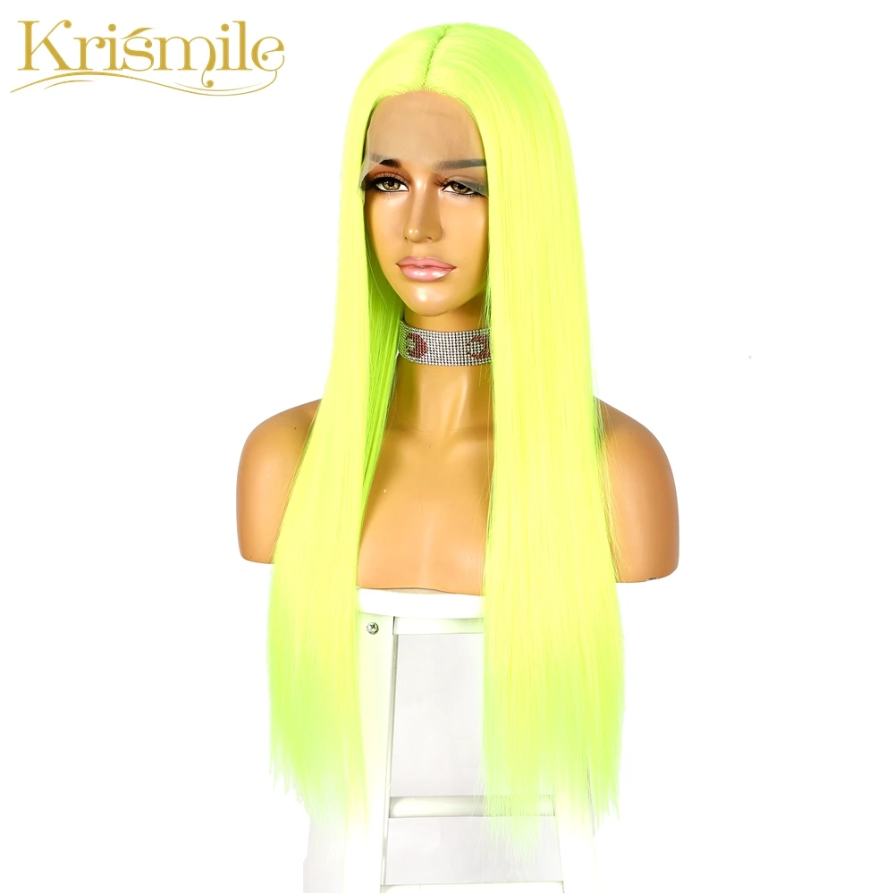 Длинный прямой синтетический кружевной парик неоново-желтый цвет T Средний