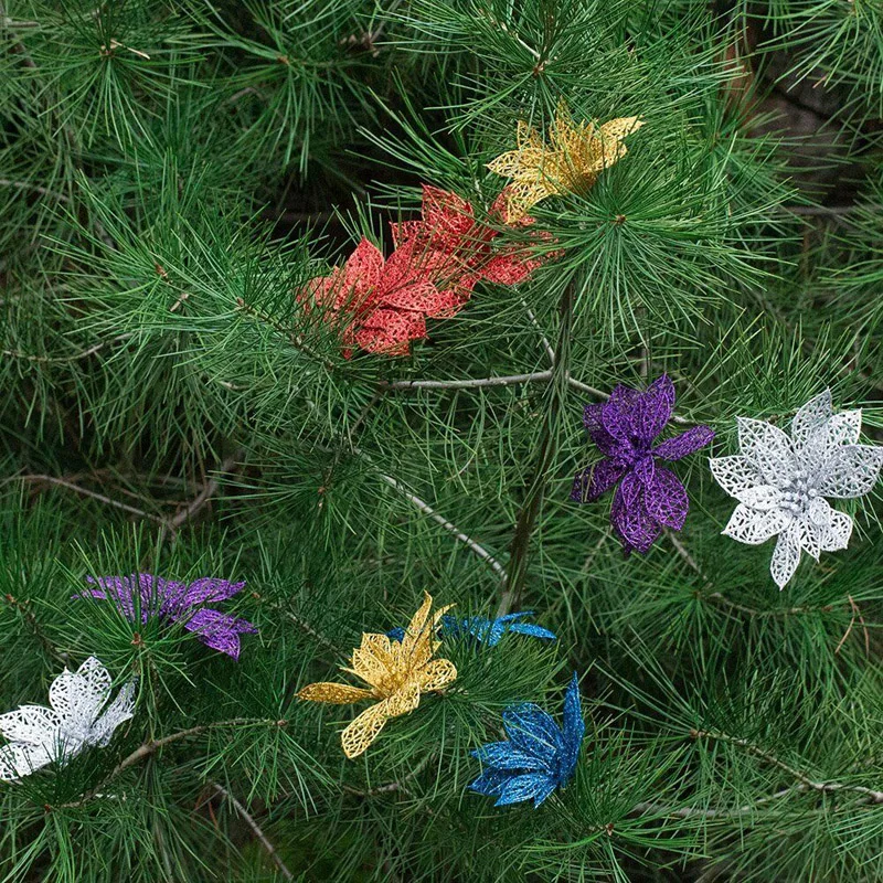 10Pcs Glitter Hollow Wedding Party Christmas Decor Flowers Xmas Tree Decoration Flower Ornaments 3 Colors | Дом и сад