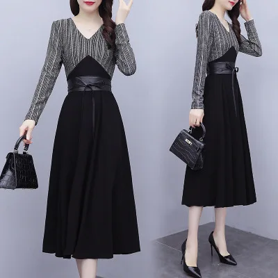 

Женское облегающее платье средней длины, весеннее платье большого размера с V-образным вырезом и имитацией двух частей