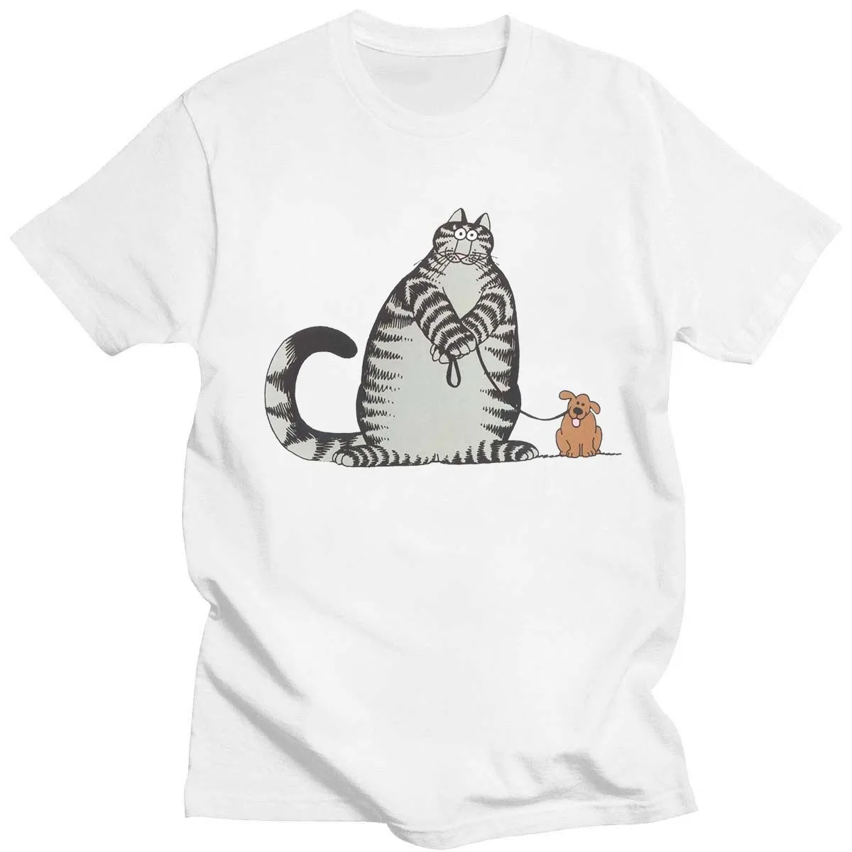 

Cartoon Cute Cat and Dog Print Summer New T-Shirt 100% Cotton Round Neck Men's Short-Sleeved European Size Simple Daily Top