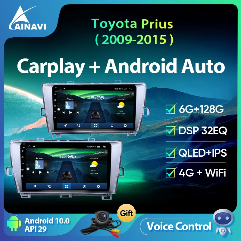 

Ainavi Android 10.0 Car Radio 8 Cores 6+128G QLED For Toyota Prius 2009-2015 Multimedia Player Navigation DSP Carplay No 2din 4G