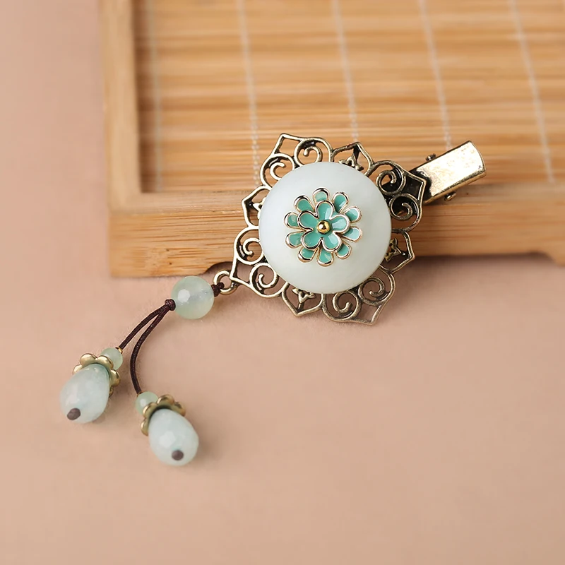 Винтажная Классическая заколка для волос с бисером из натурального нефрита